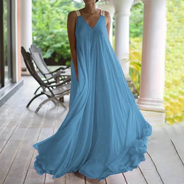 Women's Solid Color Maxi Dress | Elegant Sleeveless V-Neck Boho Style-Mykonostore-Deep Blue-S-Mykonostore