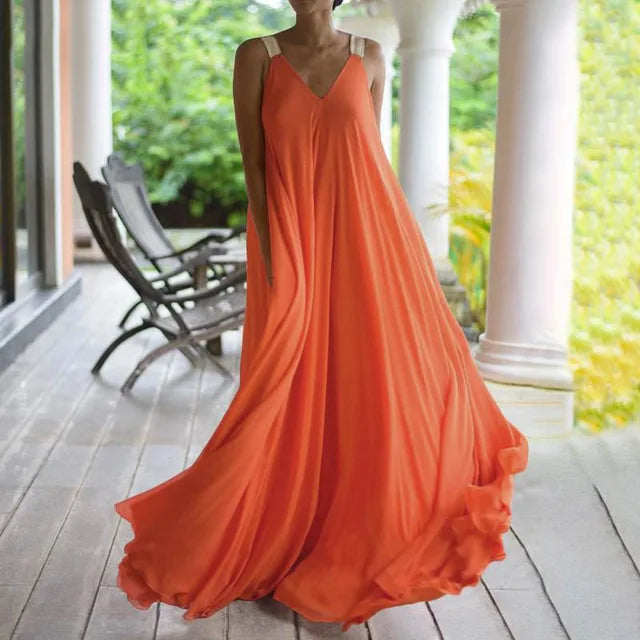 Women's Solid Color Maxi Dress | Elegant Sleeveless V-Neck Boho Style-Mykonostore-Orange-S-Mykonostore