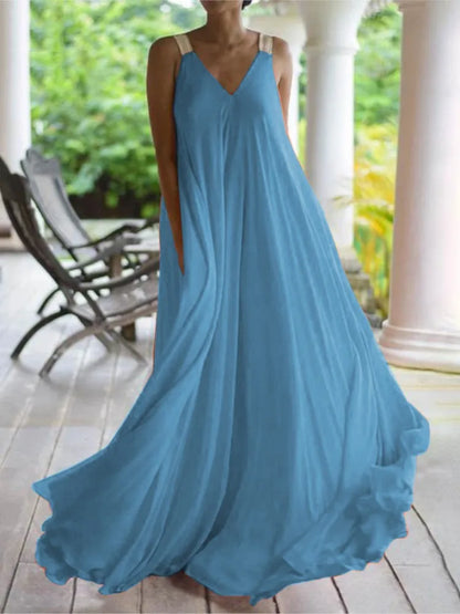Women's Solid Color Maxi Dress | Elegant Sleeveless V-Neck Boho Style-Mykonostore-Mykonostore