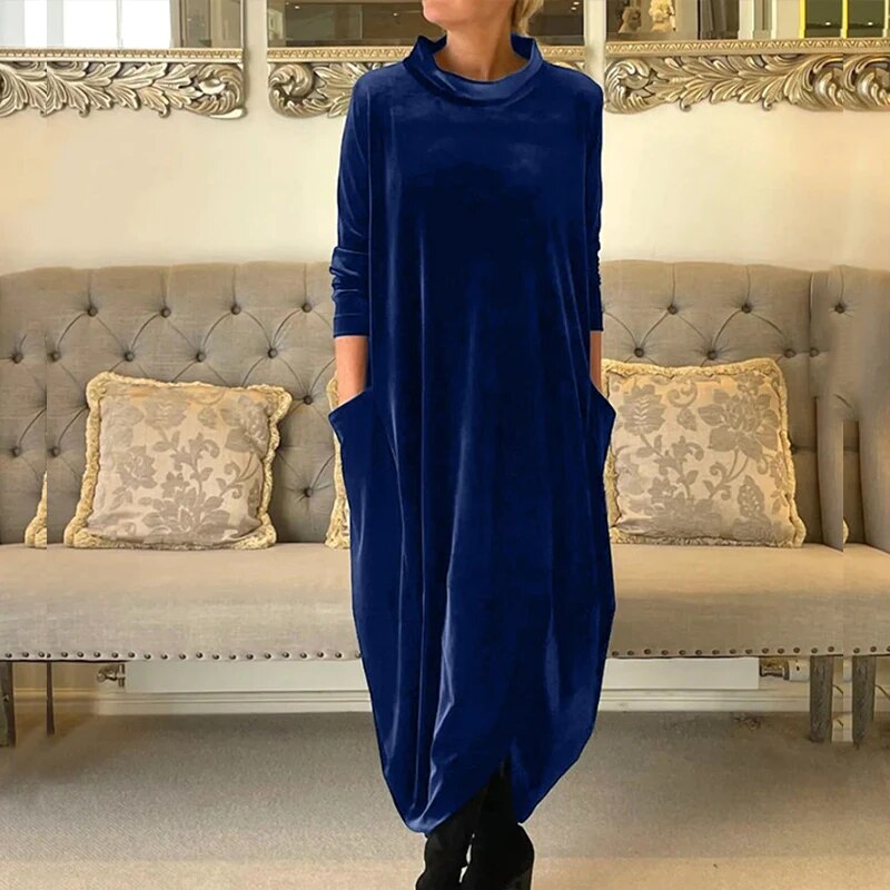 Women's Solid Color Midi Dress | Chic Relaxed Fit with Pockets-Mykonostore-Blue-S-Mykonostore