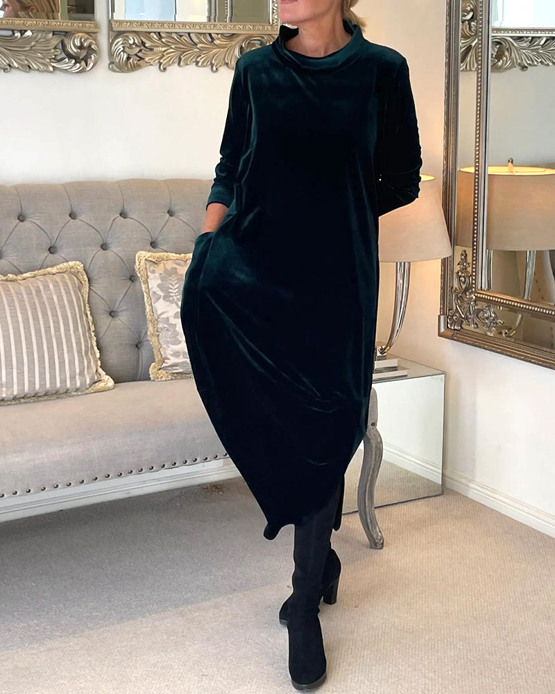 Women's Solid Color Midi Dress | Chic Relaxed Fit with Pockets-Mykonostore-Mykonostore