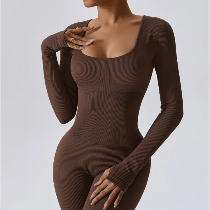 Women's Solid Long Sleeve Bodysuit | Streamlined Fitted Design-Mykonostore-Brown-S-Mykonostore
