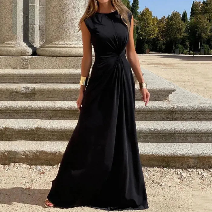 Women's Solid Maxi Dress | Elegant Long Sleeve V-Neck Evening Gown-Mykonostore-Mykonostore
