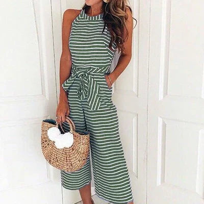 Women's Striped Halter Neck Jumpsuit | Elegant Chic Long Pants Outfit-Mykonostore-Green-XS-Mykonostore