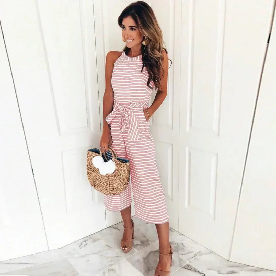 Women's Striped Halter Neck Jumpsuit | Elegant Chic Long Pants Outfit-Mykonostore-Pink-XS-Mykonostore