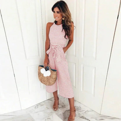 Women's Striped Halter Neck Jumpsuit | Elegant Chic Long Pants Outfit-Mykonostore-Pink-XS-Mykonostore