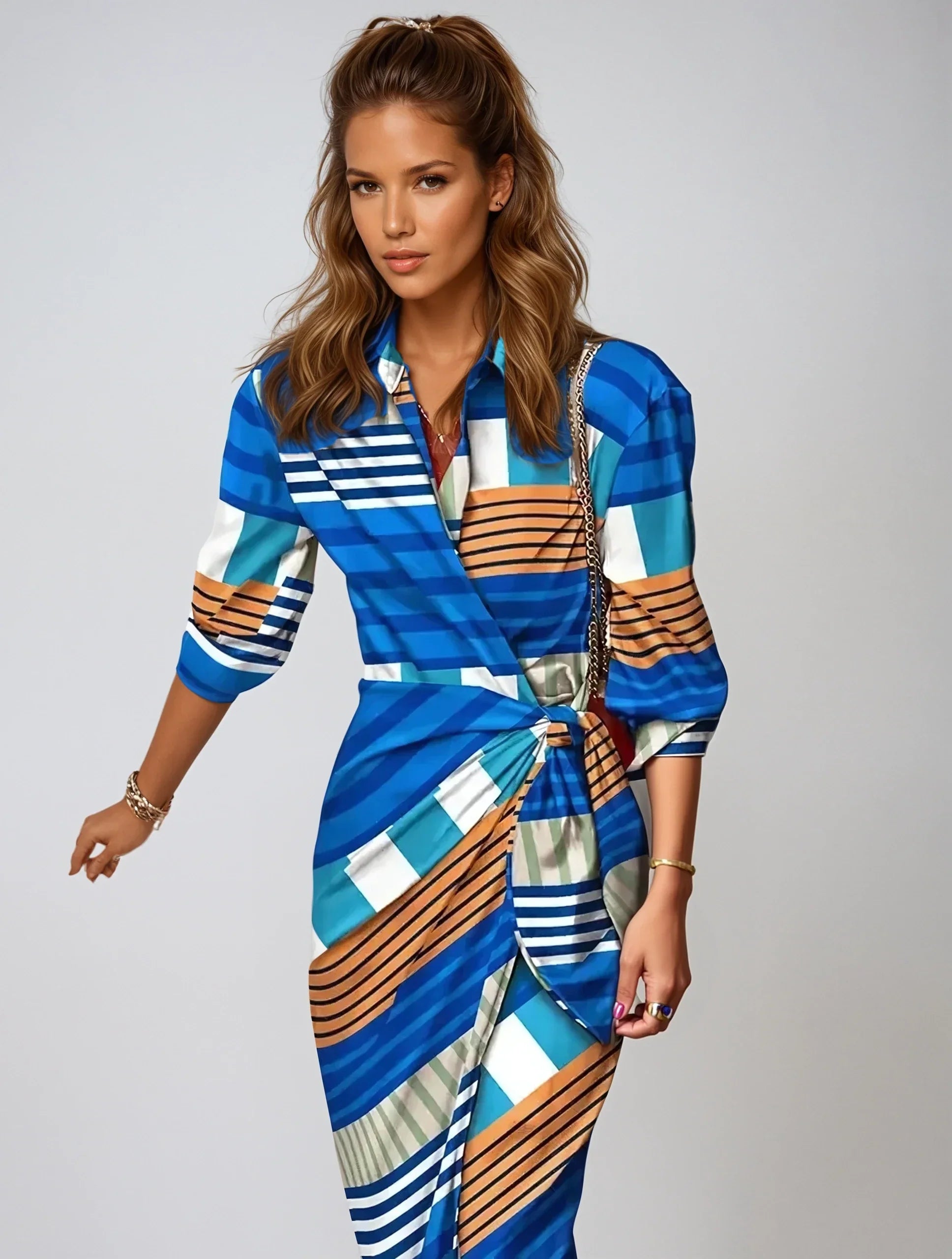 Women's Striped Wrap Dress | Elegant Comfortable Casual Wear-Mykonostore-Blue and Brown Striped-S-Mykonostore