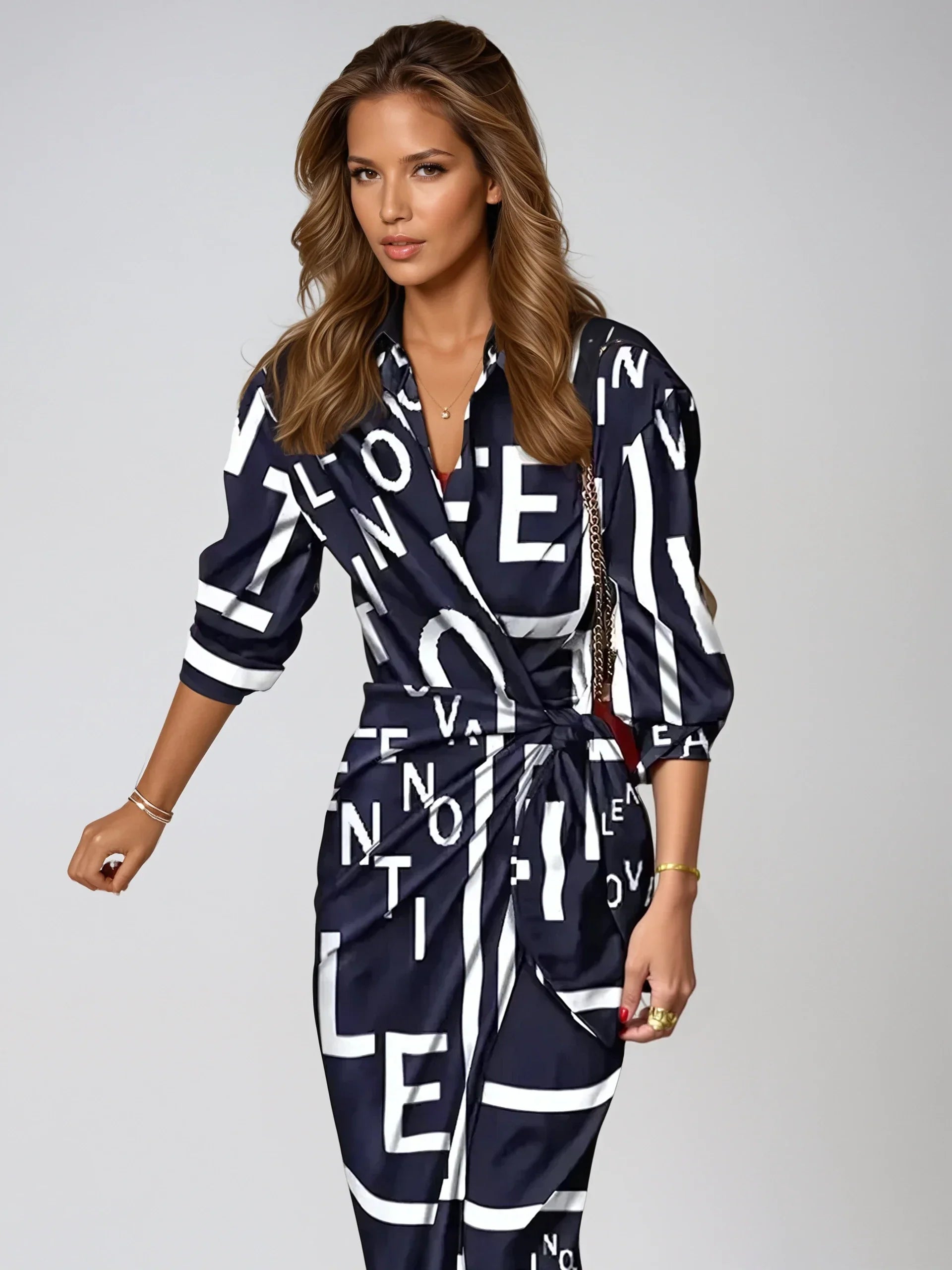 Women's Striped Wrap Dress | Elegant Comfortable Casual Wear-Mykonostore-Navy Blue Letters-S-Mykonostore