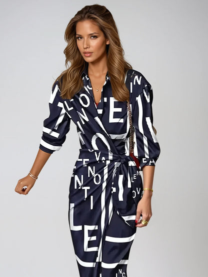 Women's Striped Wrap Dress | Elegant Comfortable Casual Wear-Mykonostore-Navy Blue Letters-S-Mykonostore