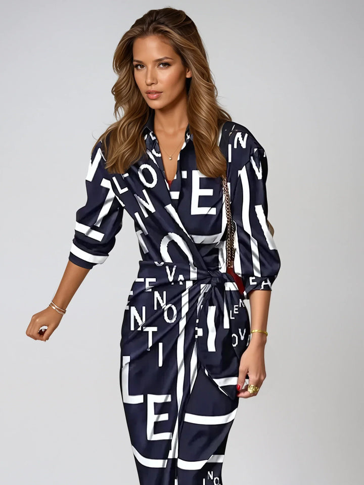 Women's Striped Wrap Dress | Elegant Comfortable Casual Wear-Mykonostore-Navy Blue Letters-S-Mykonostore