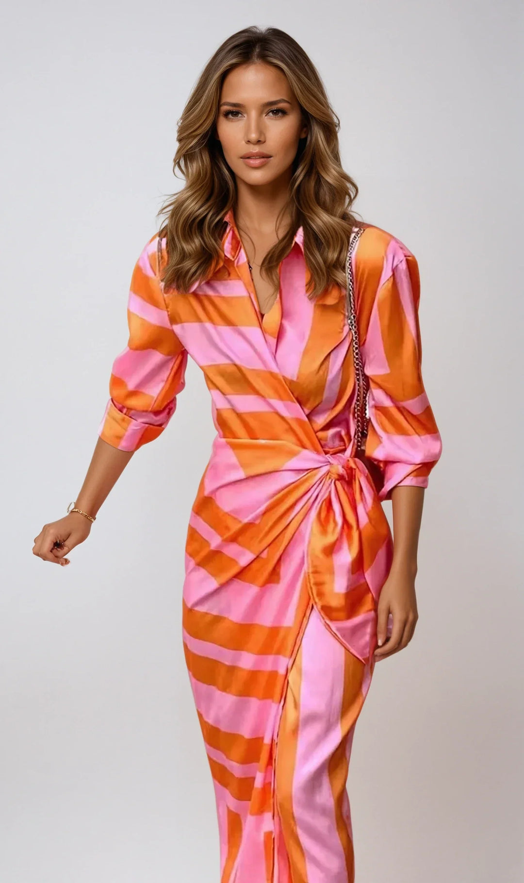 Women's Striped Wrap Dress | Elegant Comfortable Casual Wear-Mykonostore-Orange & Pink-S-Mykonostore