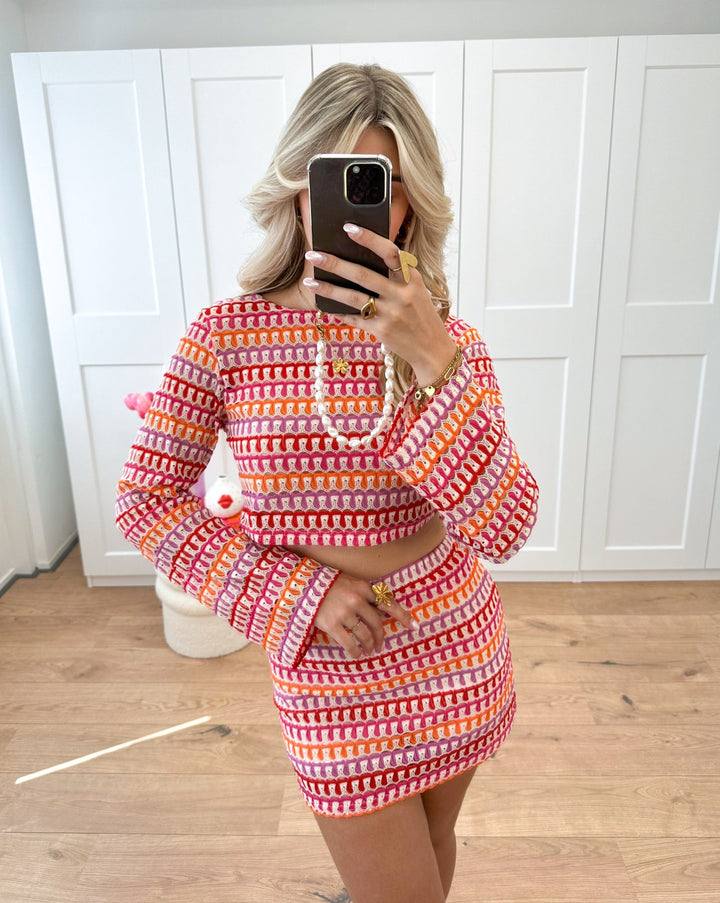 Women's Textured Cotton Blend Two-Piece Set | Stylish Cropped Top and Mini Skirt-Mykonostore-XS-Pink-Mykonostore