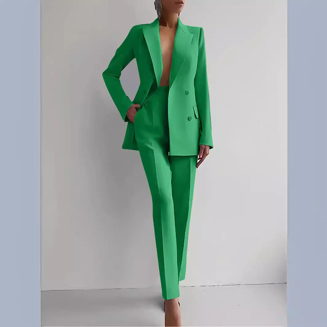 Women's Wool Blend Pant Suit Set | Elegant Tailored Blazer and Trousers for Business-Suits & Blazers-Mykonostore-Green-S-Mykonostore