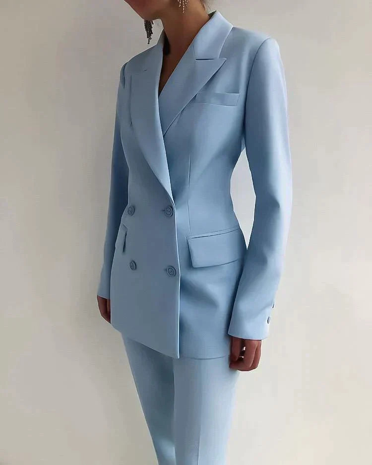 Women's Wool Blend Pant Suit Set | Elegant Tailored Blazer and Trousers for Business-Suits & Blazers-Mykonostore-Light Blue-S-Mykonostore