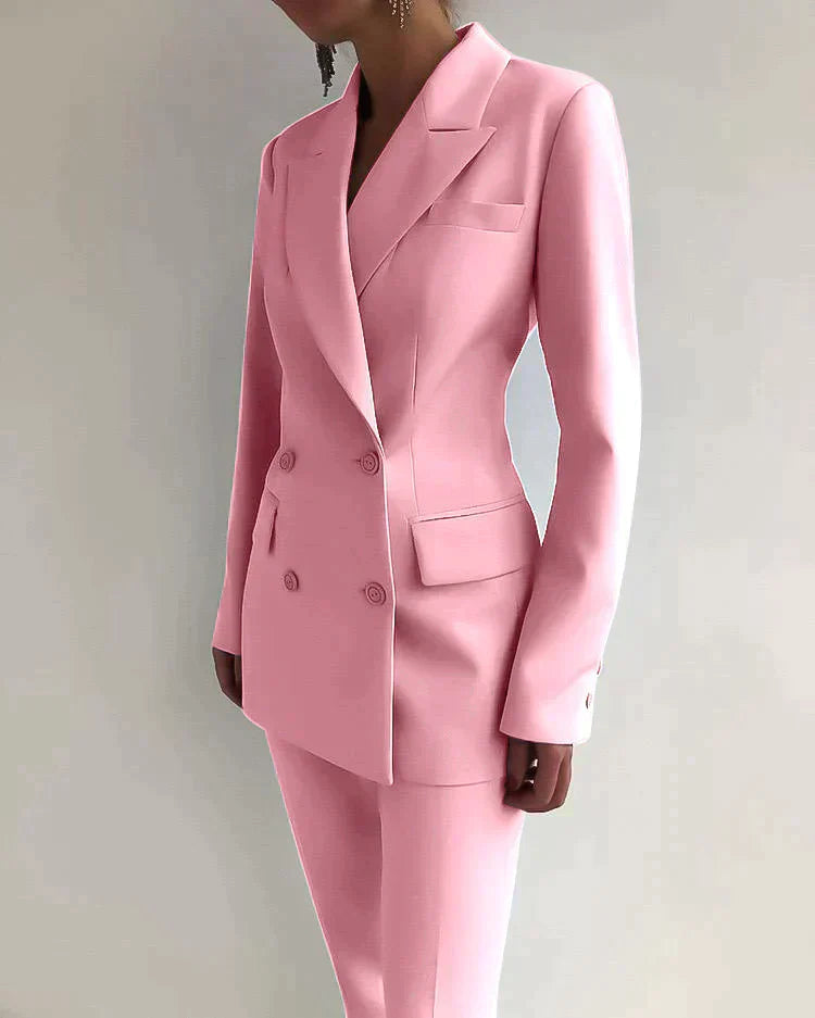 Women's Wool Blend Pant Suit Set | Elegant Tailored Blazer and Trousers for Business-Suits & Blazers-Mykonostore-Pink-S-Mykonostore